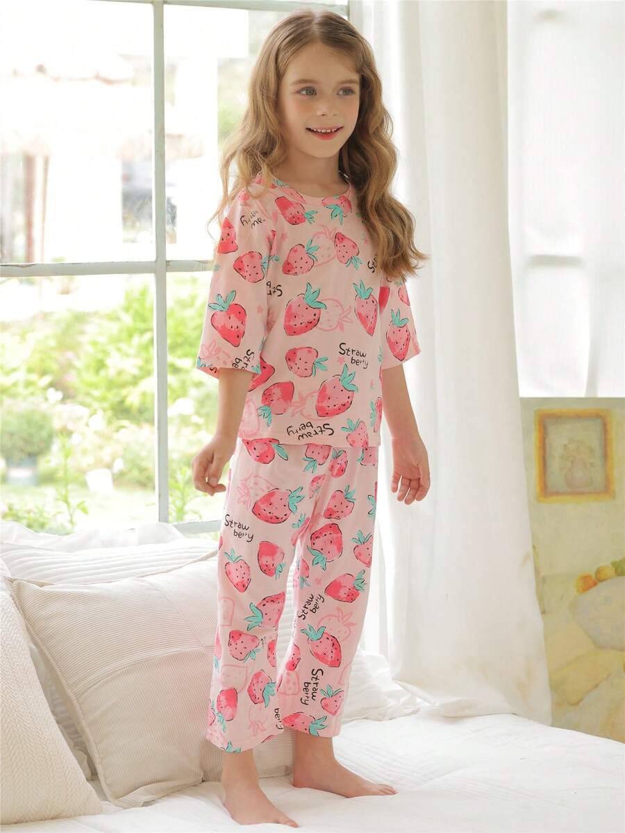 2 件套年轻女孩卡通印花短袖上衣和 3/4 裤睡衣套装，轻盈夏季 - 彩色 - 查看 1