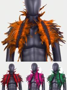 Men's Gothic Angel Feather Epaulette Shawl Collar Ruffled Fringe Lace Bodysuit Punk Rock Dance Festival Faux Feather - A - View 11
