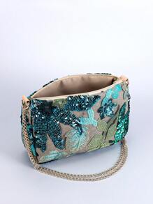 Geantă de umăr cu lanț de broderie cu paiete, geantă crossbody semicerc florală cu broderie cu design clasic, geantă de cină cu fermoar cu cusături cu paiete, la modă pentru femei. Tipul de geantă preferat, geantă multifuncțională, poate fi crossbody, lanț pliat în jumătate poate fi un umăr. (Poziția modelului tăiată aleatoriu)