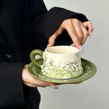 Vintage American Ceramic Cup & Saucer, Antique-Style Lily Flower Oil Painting Decor Coffee Cup Set, Afternoon Tea Mug