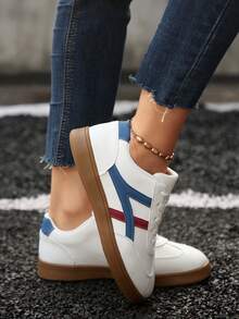 Women's Casual Sports Shoes, Solid Color Stripe Contrast Design, Lightweight & Comfortable, Non-Slip Rubber Sole, Lace-Up, Suitable For All Seasons, Good Gift Option - Blue - View 6