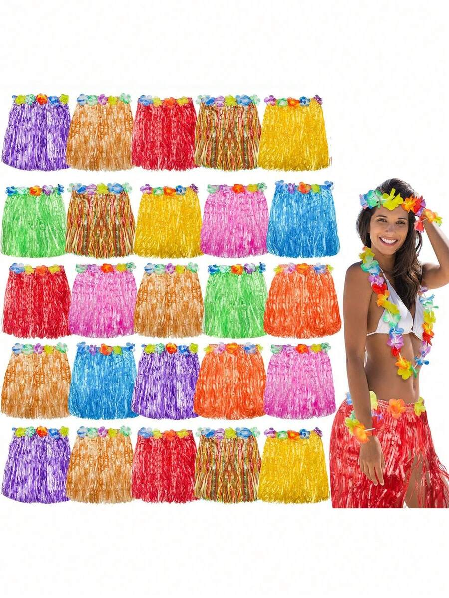 5pcs-Hawaiian Hula Skirt Hawaiian Grass Skirt Tropical Hawaiian Hula Skirt Hawaiian Hula Skirt Costume Summer Beach Vacation Dress Hawaiian Party Gift Ideas Gift Party Decoration Hula Skirt Hula Dance Show With Wreath Hula Skirt,Party Decorations, Hawaiian Party Supplies Tropical Beach Party - Multicolor - View 1