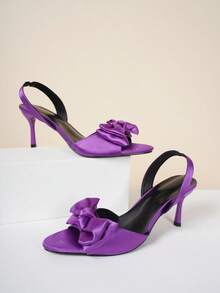 Sandálias femininas roxas de salto alto, com laço, bico aberto, bico , cetim, elegante e gracioso para festas formais - Roxa - Ver 2