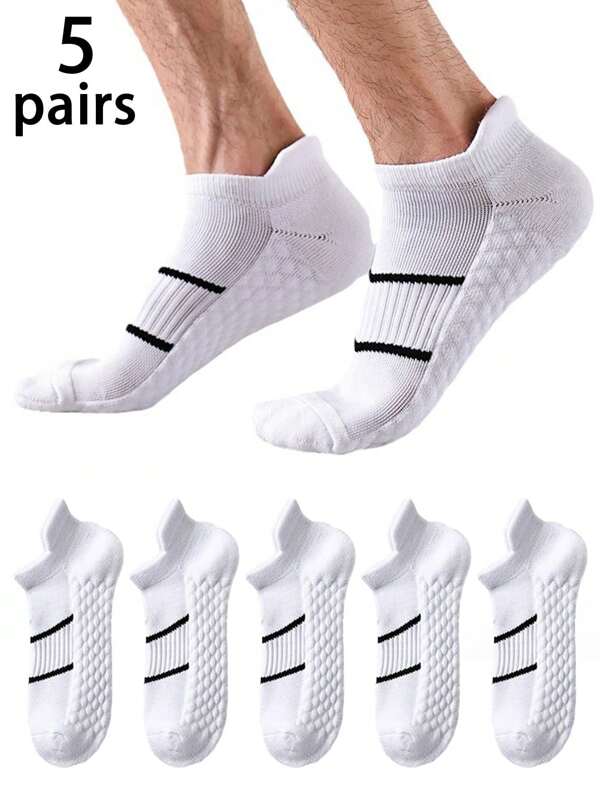 5 Pairs Men's White Sports Boat Socks, No Show Socks With Color Block Stripes, Breathable, Suitable For Daily Sports Wear