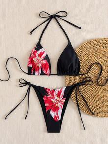 Women's Summer Floral Print Tied Triangle Top And Side Tie Triangle Bottom Bikini Set - Black - View 5