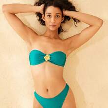 Women's High Shine Center Front Hibiscus Detail Bandeau Bikini Top - Wild Fable™ Teal Green - 1 - View 1