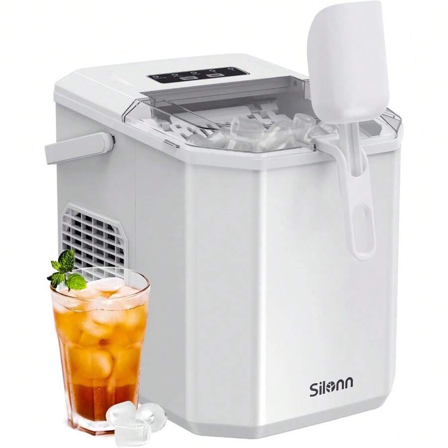 Silonn Countertop Ice Maker, Produces 9 Ice Cubes In 6 Minutes, 12 Kg Daily Capacity, Self-Cleaning Ice Machine With Ice Scoop & Basket Two Ice Sizes, Perfect For Home Kitchen Office Bar And Parties - White - View 1