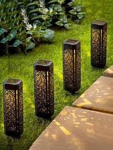 4pcs Solar Garden Retro Hollow Floor Lamps, Outdoor Path Lights, LED Landscape Lights, Hollow Pattern Design, Easy To Semi Embedded Installation, Suitable For Courtyard, Yard, Garden, Path, Lawn, Street, Party Decoration