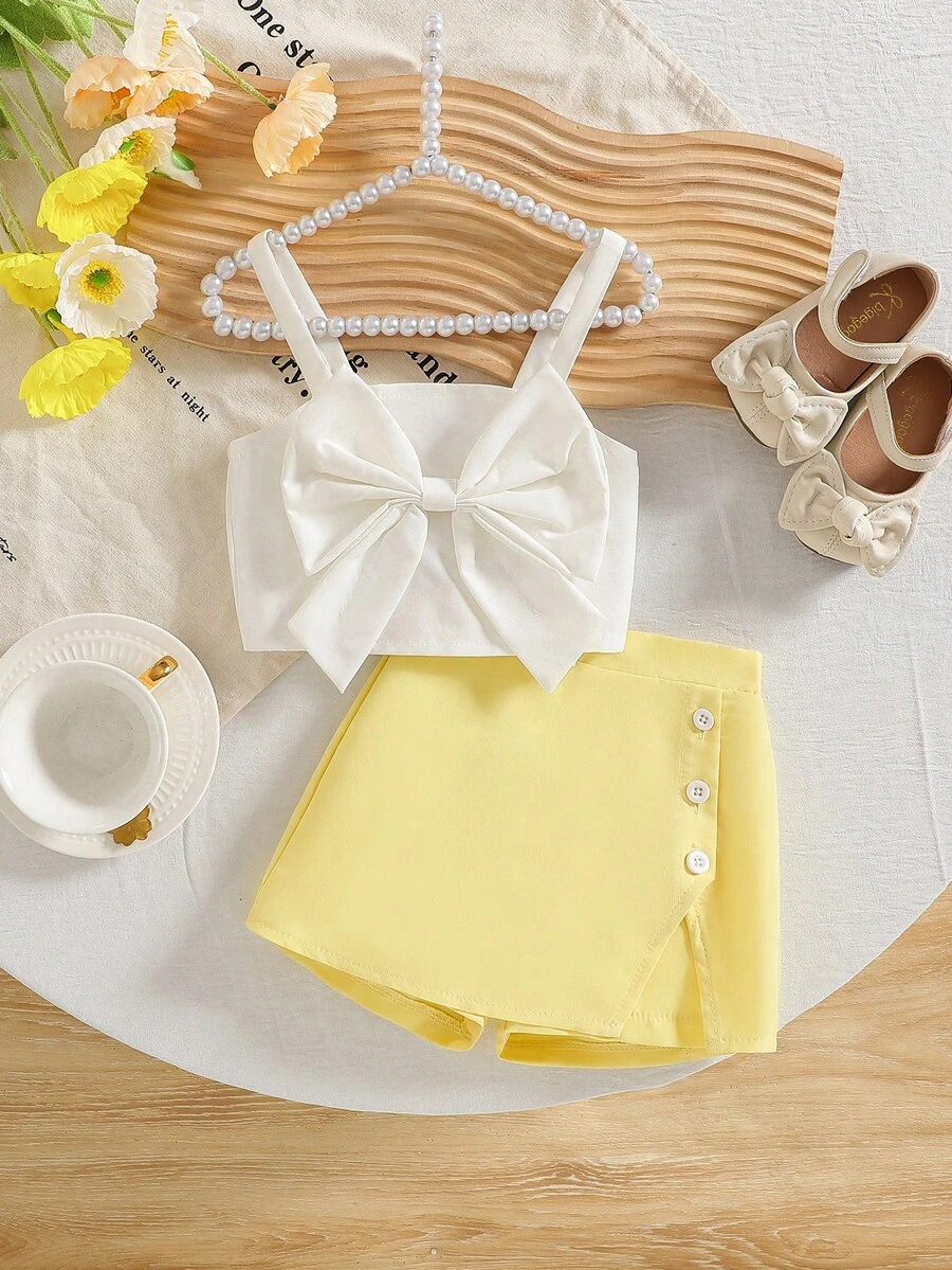 1 Set Cute Baby Girl Summer 2-Piece Outfit, Including 1 White Sleeveless Top With Big Bow Decor And 1 Fashionable Yellow Wrap Skirt, Comfortable And Breathable For Newborns 0-3 Years Old - White - View 1
