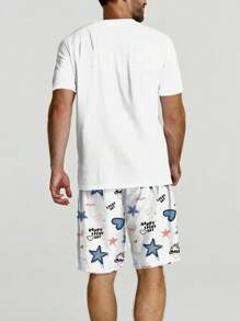 2 piezas Conjunto informal de verano para hombre, camiseta de cuello redondo con bloques de color y conjunto de pantalones cortos con cordón, traje de playa y entrenamiento, tallas grandes
