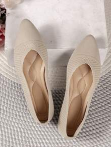 Women's Fashion Pointed Toe Knitted Flats, Solid Color Casual Slip-On Versatile Loafers - Beige Strips - View 4