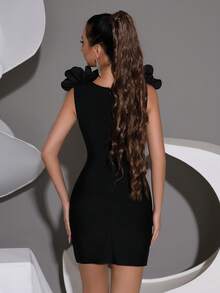 黑色性感无袖深V领重工立体花朵闪钻修身迷你绑带连衣裙优雅浪漫生日派对婚礼伴娘服宾客节日女士舞会礼服连衣裙 - 黑色 - 查看 8