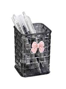1 pièce Boîte de rangement de bureau transparente avec nœud papillon rose décoratif, porte-stylo et étui de rangement, idéale pour les fournitures de retour à l'école, le bureau, le dortoir, le maquillage, les soins de la peau et les essentiels de bureau