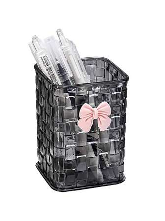 1 PIEZA Caja organizadora transparente de escritorio con moño decorativo rosa, Portalápices y estuche de almacenamiento, ideal para útiles escolares, oficina, dormitorio, maquillaje, cuidado de la piel y accesorios de escritorio