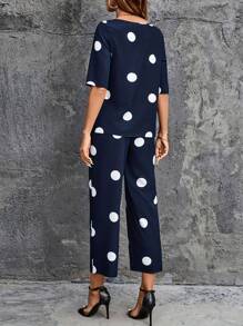 2pcs Casual Polka Dot Print Round Neck Top And Pants Set For Women, Spring/Summer