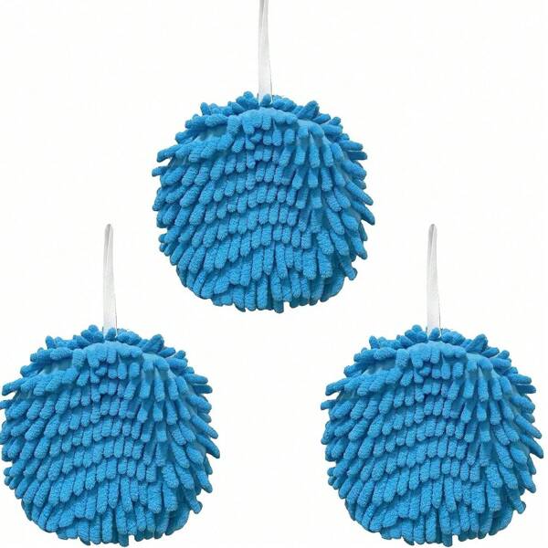 2 toallas de mano colgantes de estilo shaggy, sin desprendimiento, con diseño de pompones, secado rápido, antibacteriano, adecuado para baño, cocina y dormitorio (azul)