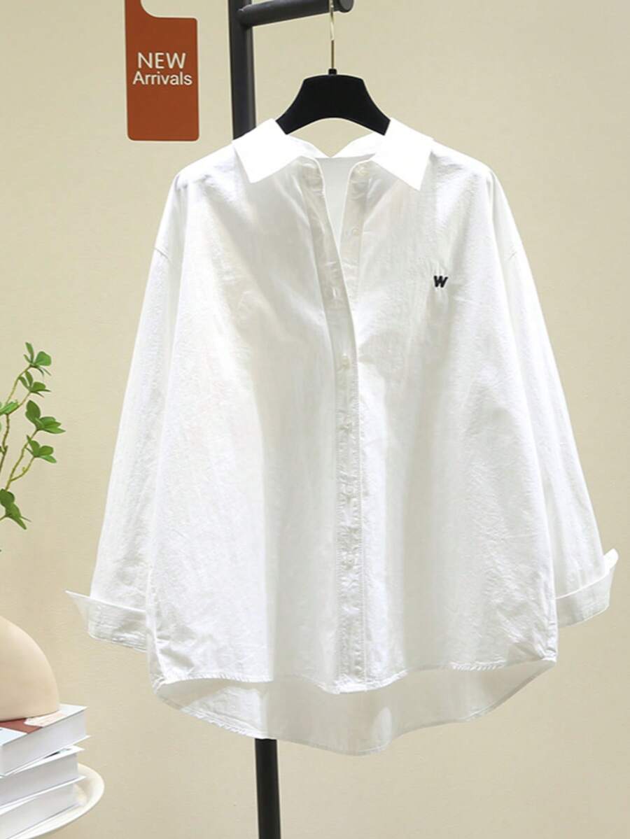 Women Plain Color Embroidered Front Short Back Long Button-Up Shirt - White - View 1