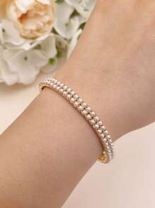 1 set/Múltiple Pulsera de tenis con banda elástica y perlas falsas, color dorado 3MM