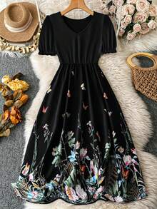 Rochie de damă cu mânecă bule din dantelă cu imprimeu fluture pentru vară - Negru - Vizualizare 1