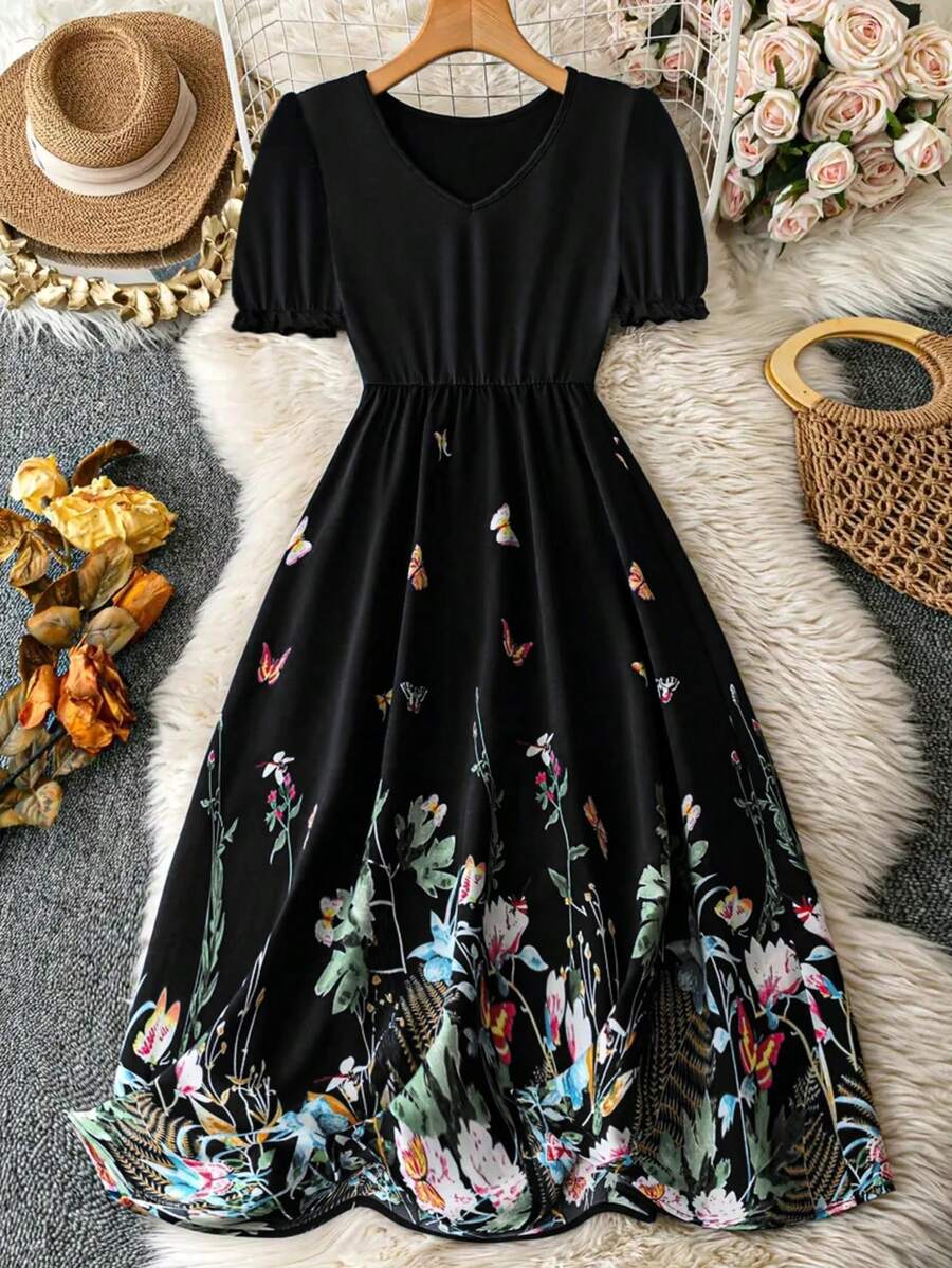 Rochie de damă cu mânecă bule din dantelă cu imprimeu fluture pentru vară - Negru - Vizualizare 1