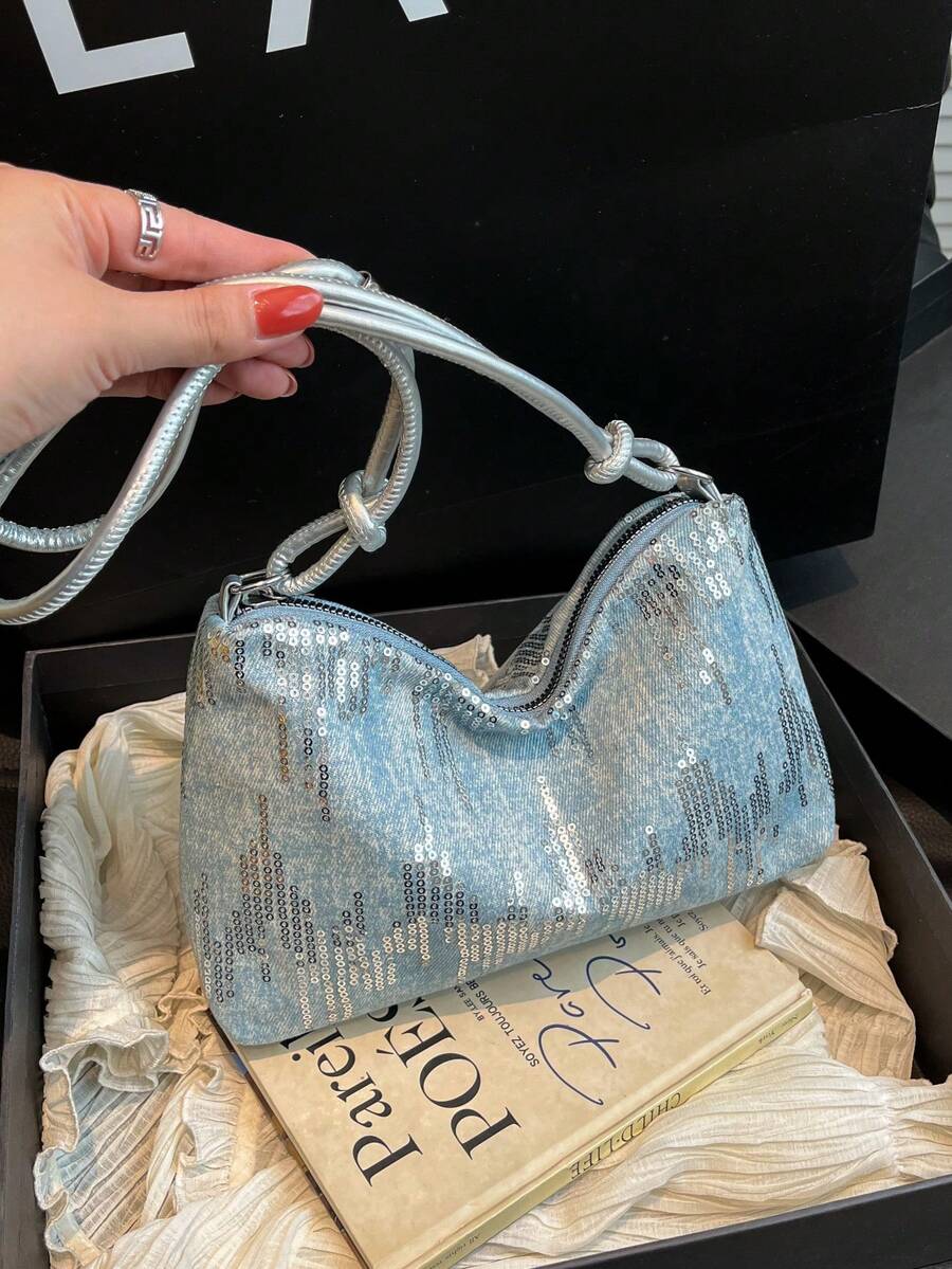 1pc Gold-Color New Arrival PVC Sequined Crescent Moon Shoulder Bag For Women - Baby Blue - View 1