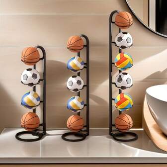 Metal Easy Assembly Ball Storage Rack Set, Multi-Layer Basketball Storage Rack With Large Round Base - Sturdy Metal Sports Ball Storage Rack To Hold Basketball, Soccer, Volleyball - Available In Multiple Sizes