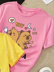 3pcs Girls Cute Chili Pepper & Animal Print T-Shirts - Comfortable Short Sleeve Summer Tees,Black, Yellow & Pink,Polyester Blend, Casual Crew Neck Knit Top