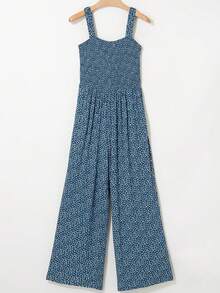 CILKOO Bohemian Floral Print Square Neck Sleeveless Loose Shirred Cami Jumpsuit With Pockets, Summer Casual Wide Leg Pants - Blue - View 1