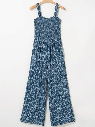 CILKOO 波西米亚花卉印花方领无袖宽松褶皱吊带连体裤带口袋，夏季休闲阔腿裤