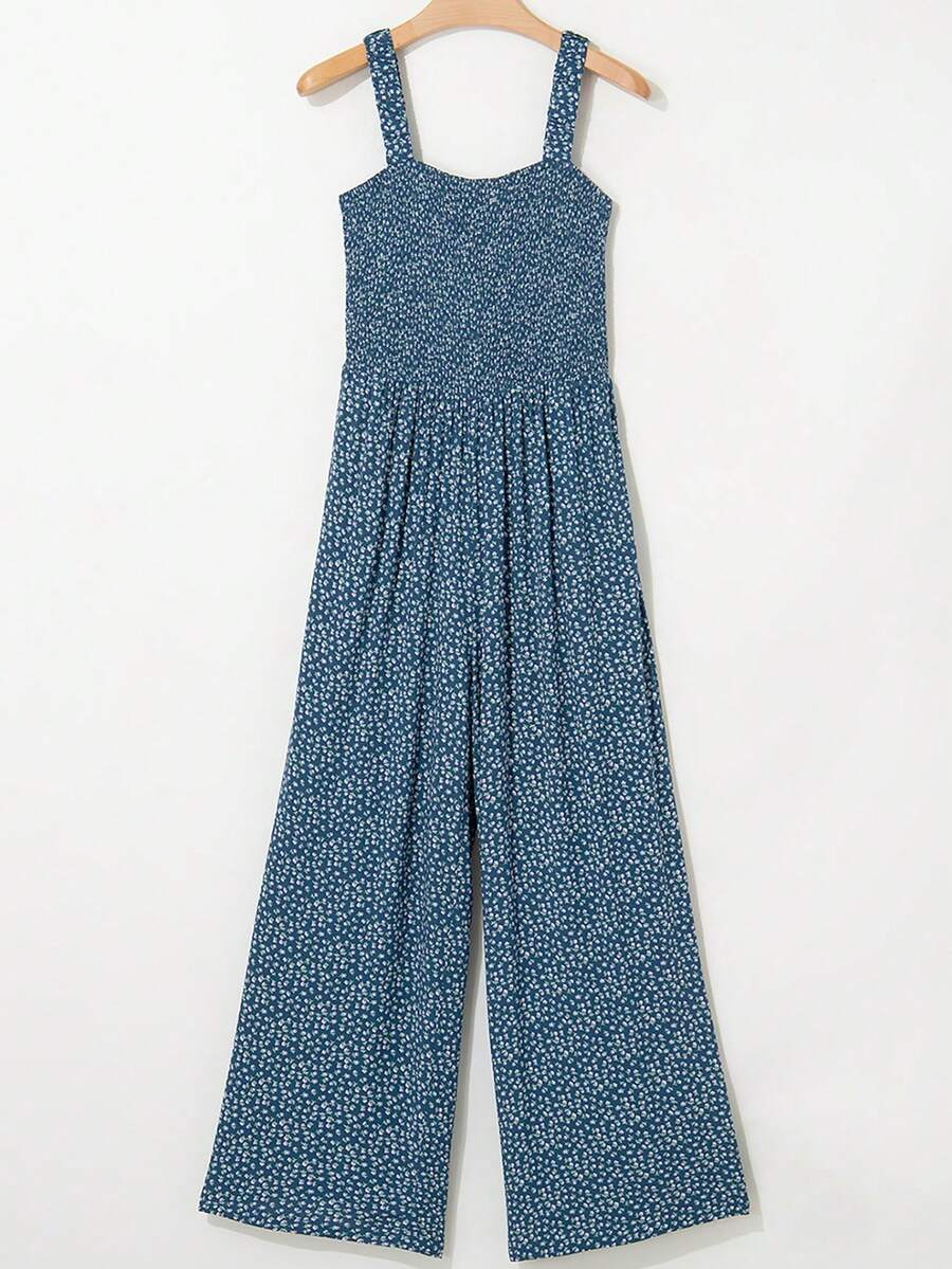 CILKOO Bohemian Floral Print Square Neck Sleeveless Loose Shirred Cami Jumpsuit With Pockets, Summer Casual Wide Leg Pants - Blue - View 1