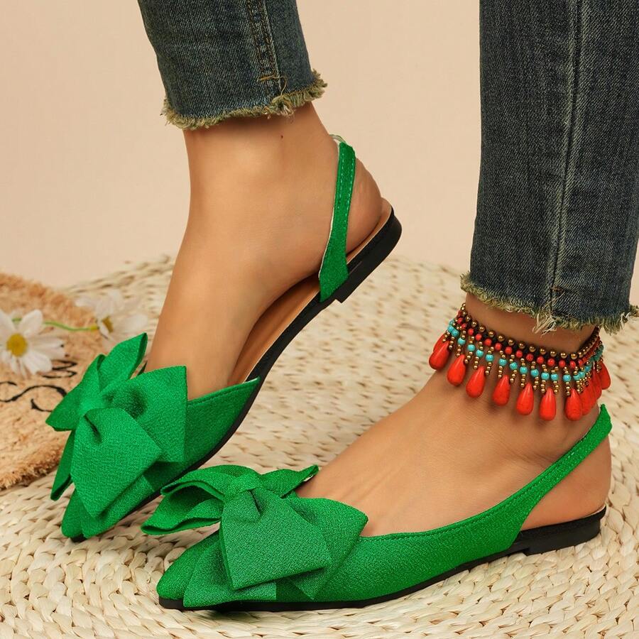 Sandalias planas con puntera puntiaguda, decoradas con un lazo verde, ajustables, de moda para mujer