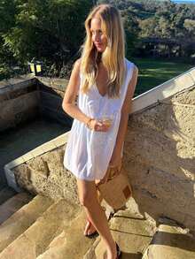 Women Summer Mini Tank Dress Sleeveless Deep V Neck Floral Eyelet Beach Dress - White - View 3
