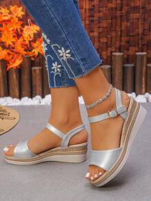 Women's Comfortable Wedge Thick Sole Sandals, Outdoor Vacation Style, Round Toe Slingback, Silver Color - Silver - View 4