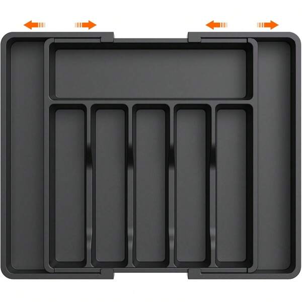 Silverware Drawer Organizer, Expandable Utensil Tray For Kitchen, Flatware And Cutlery Holder, Adjustable Plastic Storage For Spoons Forks Knives, Large, Black