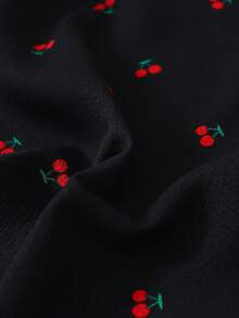 可爱樱桃印花睡衣套装，带领扣和短袖上衣、长裤、女士睡衣和家居服 - 黑色 - 查看 8