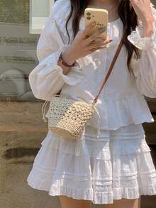 Summer 2025 New Women Woven Bag, Casual Vacation Style Straw Bag, Mini Handbag Shoulder Crossbody Bag - Apricot - View 3