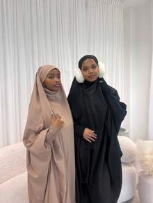 1pc Women Modest Solid Color Long Dress, Prayer Robe Abaya, Arabic Women Regular Classic Back Drawstring Casual Elastic Versatile Abaya For Women, Suitable For Daily Gathering, Prayer, Holidays - Black - View 3