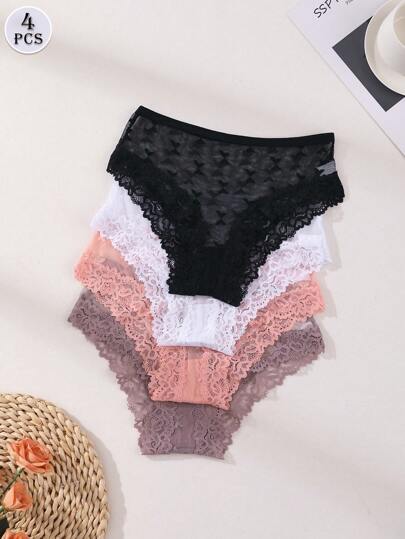 4 PCS Women's Sexy Lace Panties Low Waist Seamless Briefs Hollow Out Lace Splicing Lingerie Comfortable And Breathable Sports Underwear