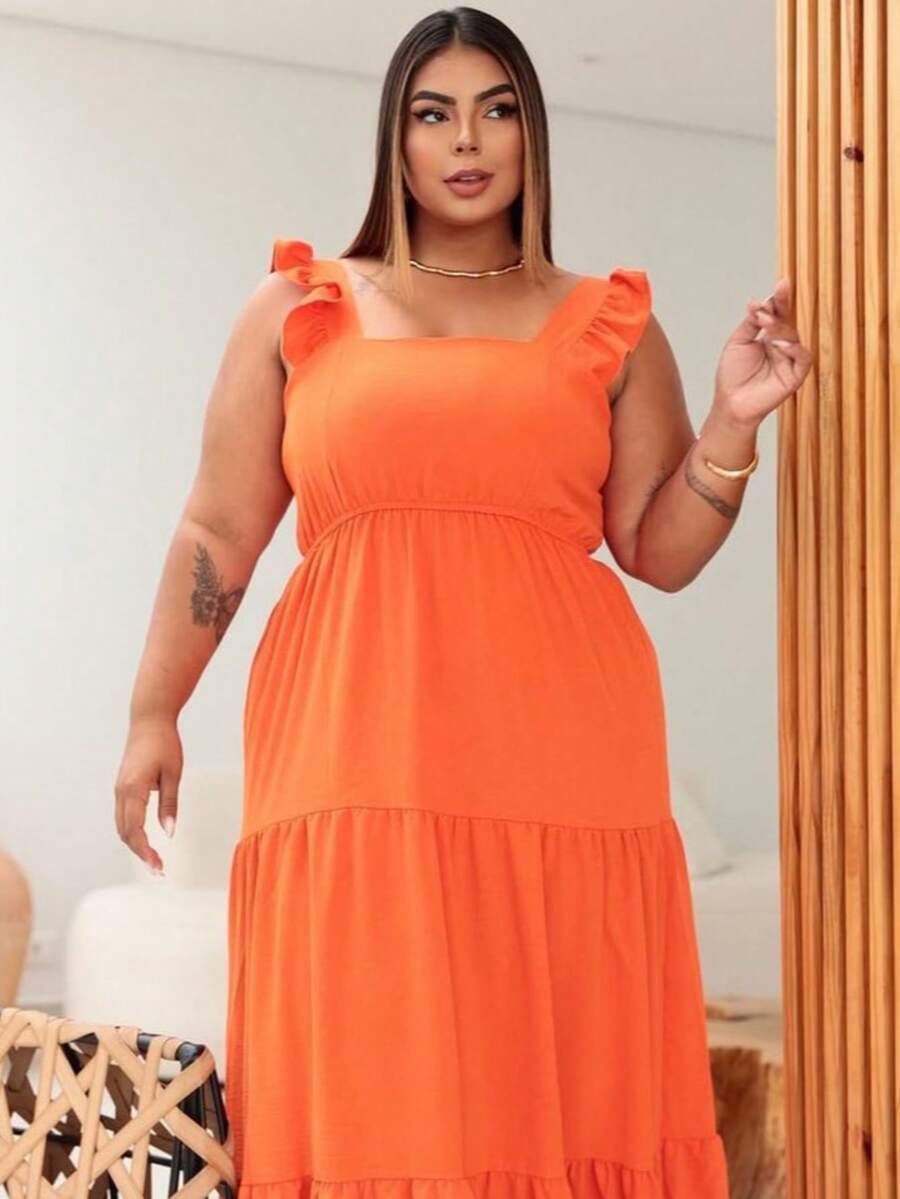 Long Plus Size Dress, With Straps, Three-Mariah Ruffle, Latex On The Back, Women's Fashion, Elegance, Versatile, In Duna Fabric. - 橘色 - 查看 1