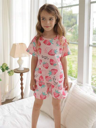 2 件套年轻女孩睡衣套装，短袖上衣和短裤，轻便，睡衣