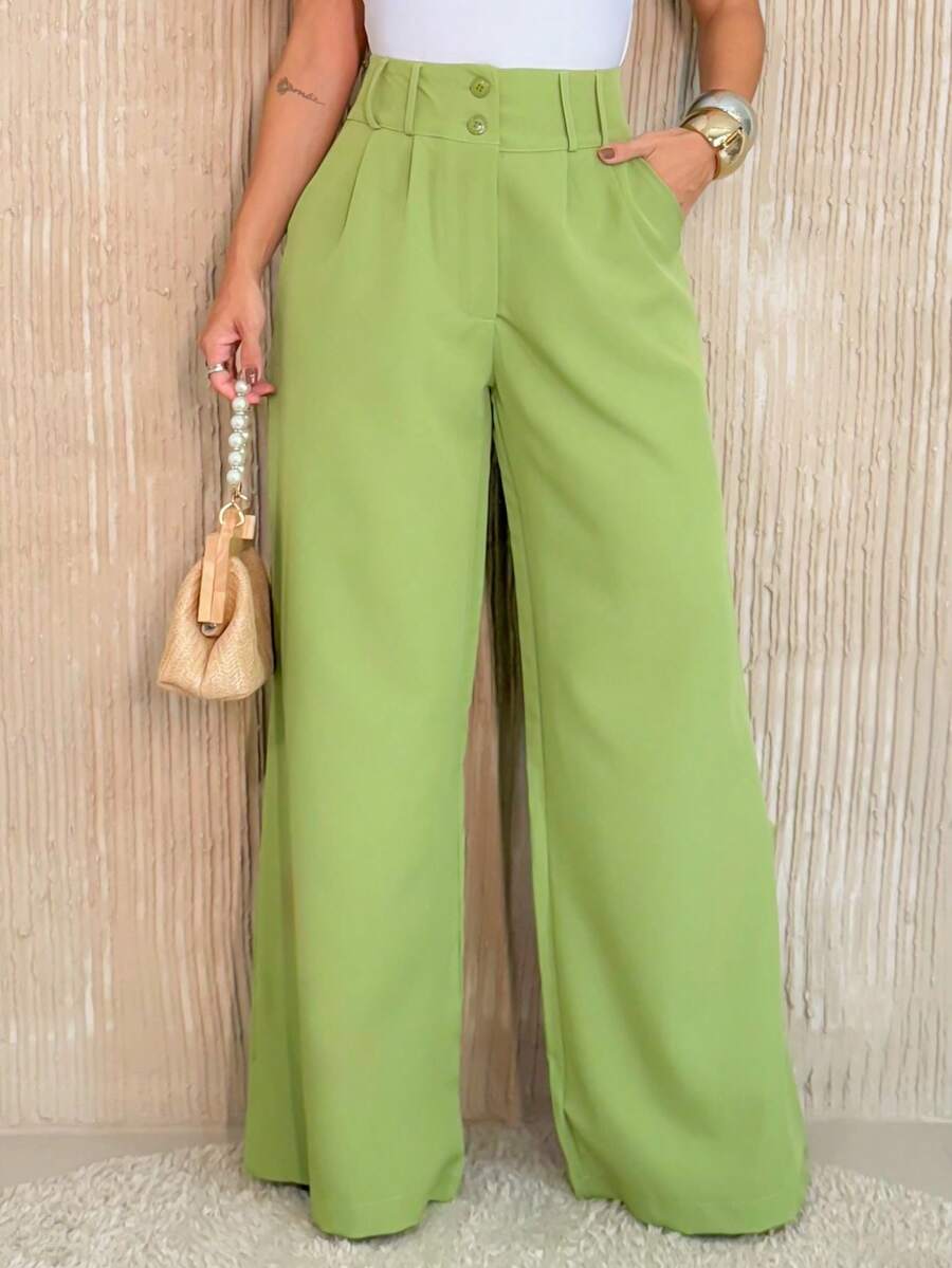 YING ZI Stone Mode Formal Tailored Wide Leg Trousers - Olive Green - View 1