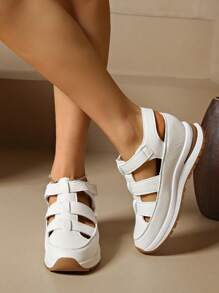 Women Platform Wedge Sport Sandals, Waterproof Closed Toe Gladiator Sandals, Fashion Hollow Chunky Sole Magic Tape Casual Shoes, Summer Elevator Comfort Sandals, Round Toe Soft Leisure Walking Shoes, Women Party Essential Comfy Wedge Sandals, Solid Color Thick Bottom Sandals For Ladies