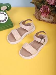 1 par de sandalias casuales para niñas con diseño tejido y suela gruesa y suave, adecuadas para niñas de 3 a 15 años, para uso en exteriores, escuela, hogar, playa, vacaciones