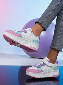 2025 新款青少年鞋，男女通用拼色皮革鞋面 TPR 厚底钩环字母休闲鞋，可拆卸双轮，时尚青少年轮滑运动鞋