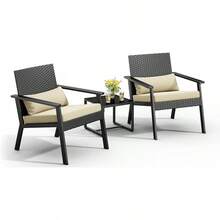 3-Piece Wicker Small Outdoor Patio Furniture Set With Glass Table For Balcony, Porch, And Garden (Gray) - 米色 - 查看 1