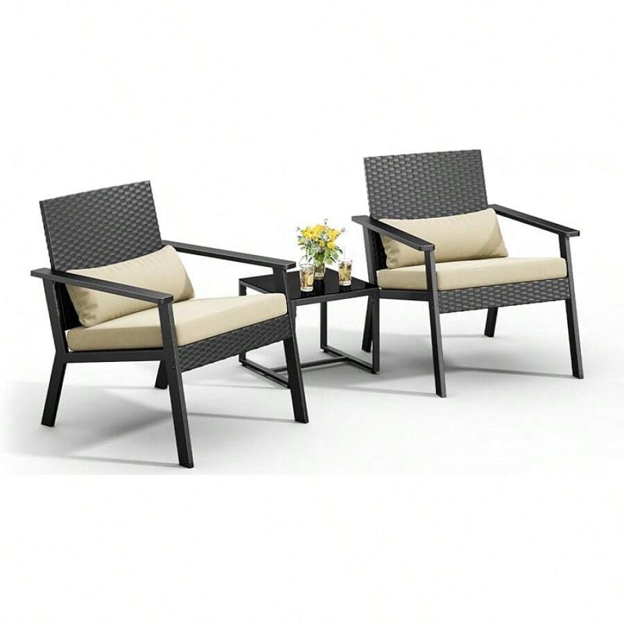 3-Piece Wicker Small Outdoor Patio Furniture Set With Glass Table For Balcony, Porch, And Garden (Gray) - 米色 - 查看 1