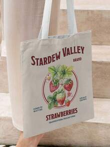 1pc Cartoon Strawberry Pattern Handbag, Durable Canvas Storage Bag, Double-Sided Graphic Shopping Tote, Gift For Friends - Multicolor - View 5