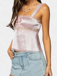 Women Babydoll Tank Tops Slim Lace Trim Square Neck Sleeveless Backless Crop Shirt Summer Streetwear - Pink - View 3
