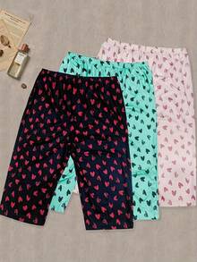 3 Pieces Of Women's Large Size Cropped Pants Love Pattern Summer Cool Comfortable Casual Pajama Pants Home Dress Pants Loose Can Be Worn Outside - 彩色 - 查看 2