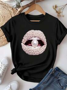 Plus Size Tops Women Clothes Round Neck Pearl - Embellished Lips Pattern Print Short Sleeved T-Shirt Graphic Tees Women Tops